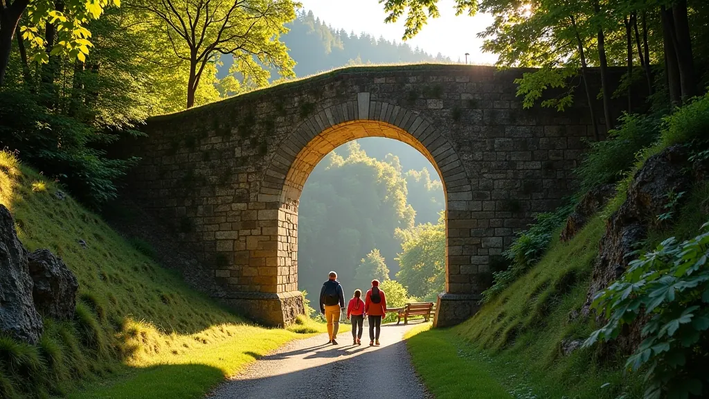 Pískovcová Pravčická brána se zvedá nad zelené stromořadí, turisti procházejí pod bránou