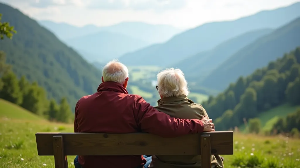 Pár seniorů si odpočívá na horské lavičce s krásným výhledem na údolí